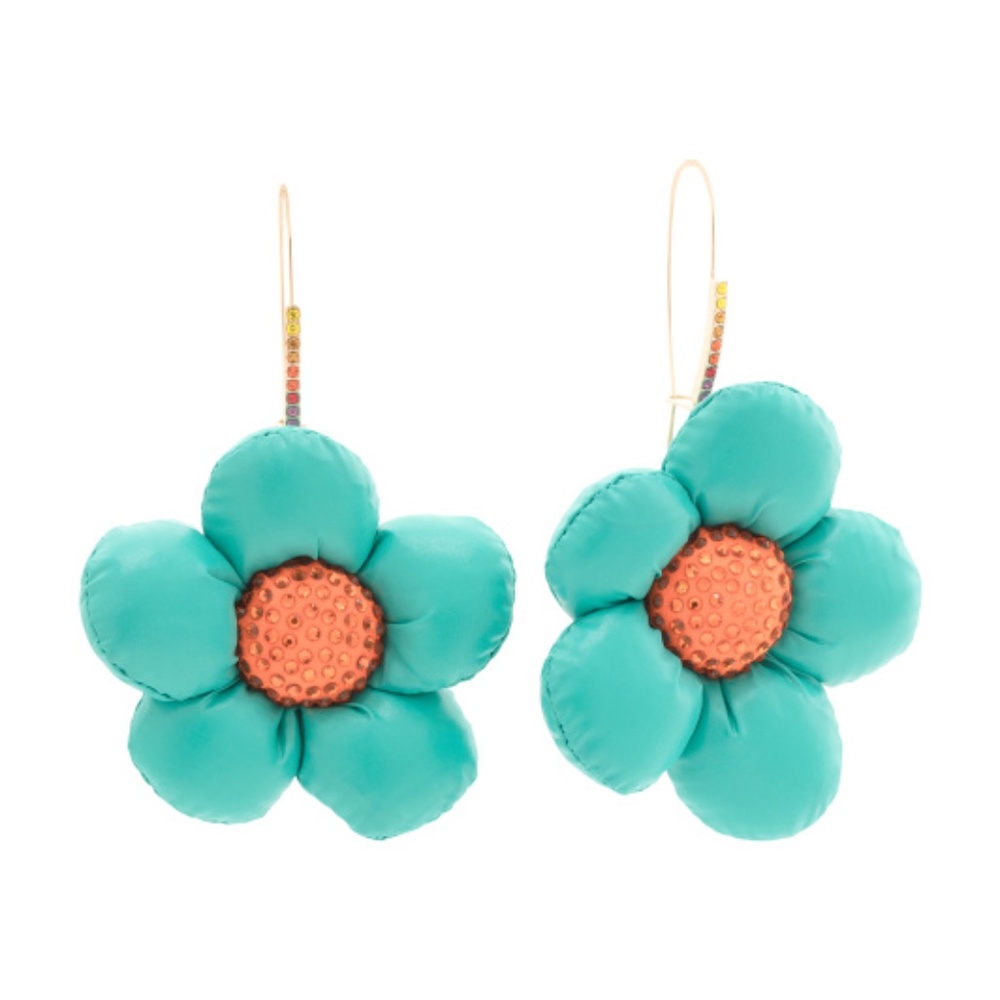 Betsey Johnson Turqoise/Orange Puffer Flower Earrings NWT